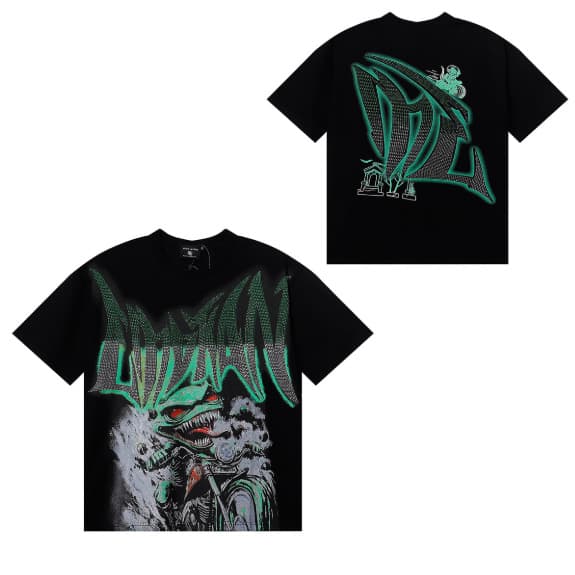 T-shirt unisexe à manches courtes, coupe ample, imprimé extraterrestre tendance style américain, orné de strass, idéal pour la rue.