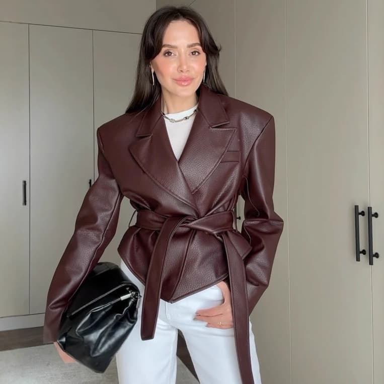 Women’s Faux Leather Biker Jacket – Edgy & Stylish With Belted Waist (Black/Brown/Burgundy, XS-XXXL, Stretch Polyester, Loose Fit, V-Neck, Zip-Up)