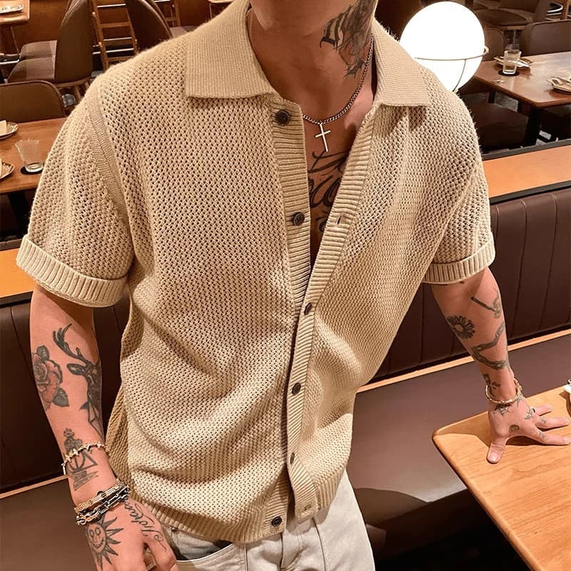 Men's American Retro Khaki Knit Short Sleeved Cleanfit Shirt Jacket Old Money Style High End Feel
