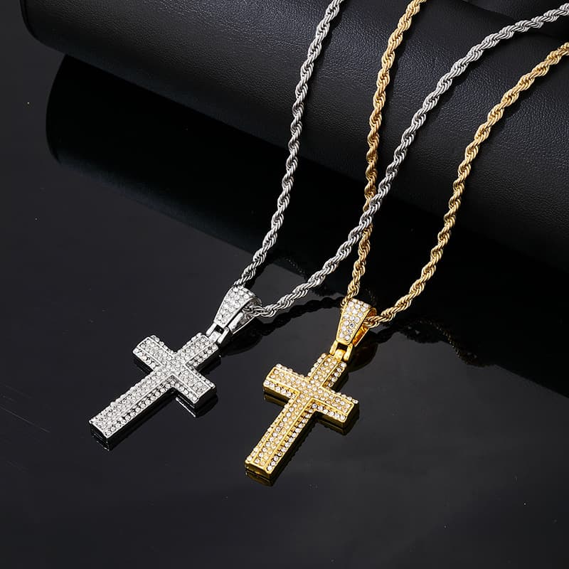 alloy hip hop fashion full zirconium double-layer cross men's necklace light luxury Street stainless steel chain protection