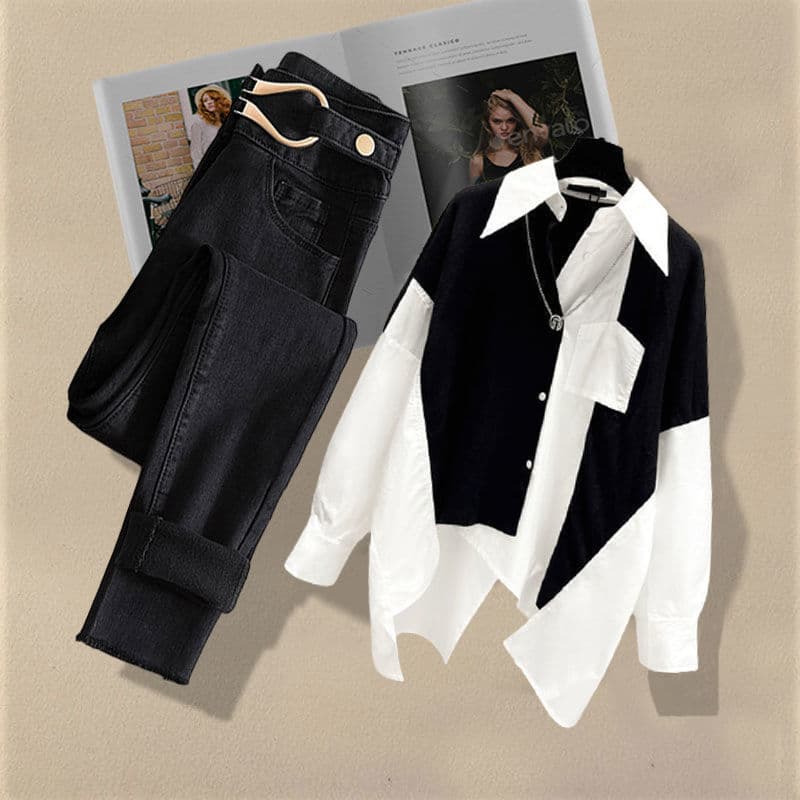 Women's Clothing New Style Fashionable Patchwork Shirt Top Slim All Match Jeans Two Piece Suit Trendy