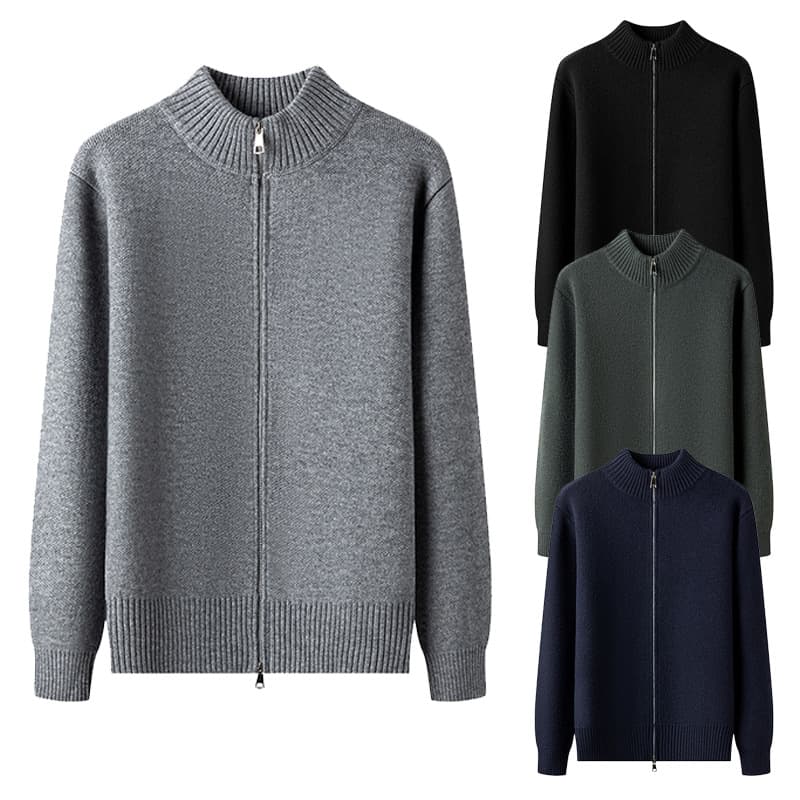 Men's Clothing Men's Chunky Knit Cardigan With Dual Zippers - Soft High Neck Winter Sweater Coat Black & Grey (Relaxed Fit, Machine Washable)