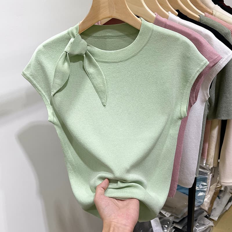 Lace-Up Round Neck Knit Top – Breathable Summer Sleeveless Blouse With 3D Texture (One Size, 4 Colors, Cool-Touch Polyester)