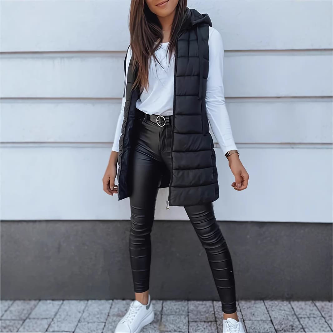 Solid Color Zip-Up Hooded Vest – Mid-Length Quilted Puffer Jacket For Women (Black/Khaki/Cream/Olive/Burgundy/Red/Green/Navy/Brown)