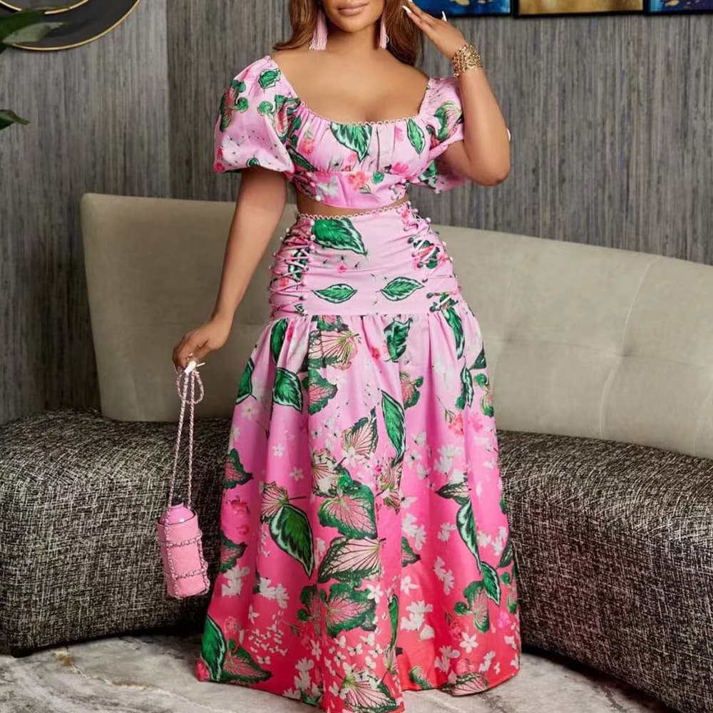 Women's fashion casual versatile leaf gradient print two-piece suit