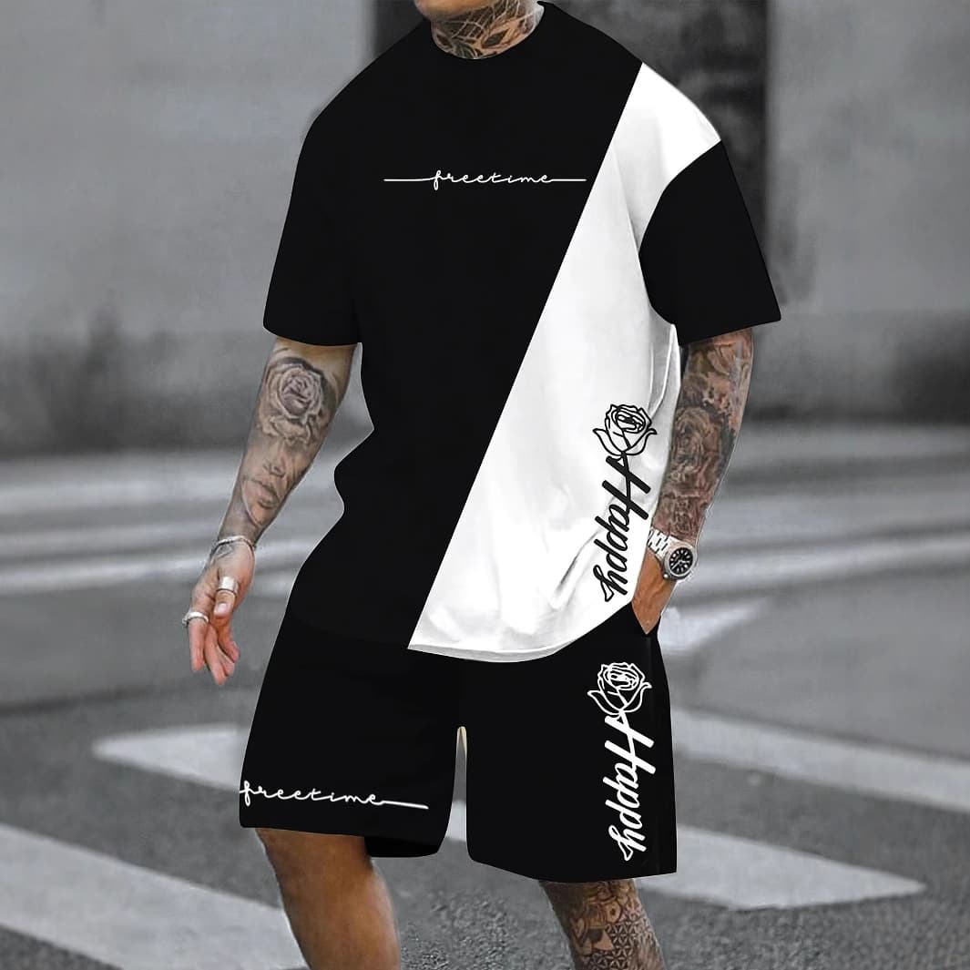 Digital Printed Men's Casual Two Piece Suit Including Round Neck Short Sleeved T Shirt And Drawstring Shorts With Pockets, Breathable And Soft