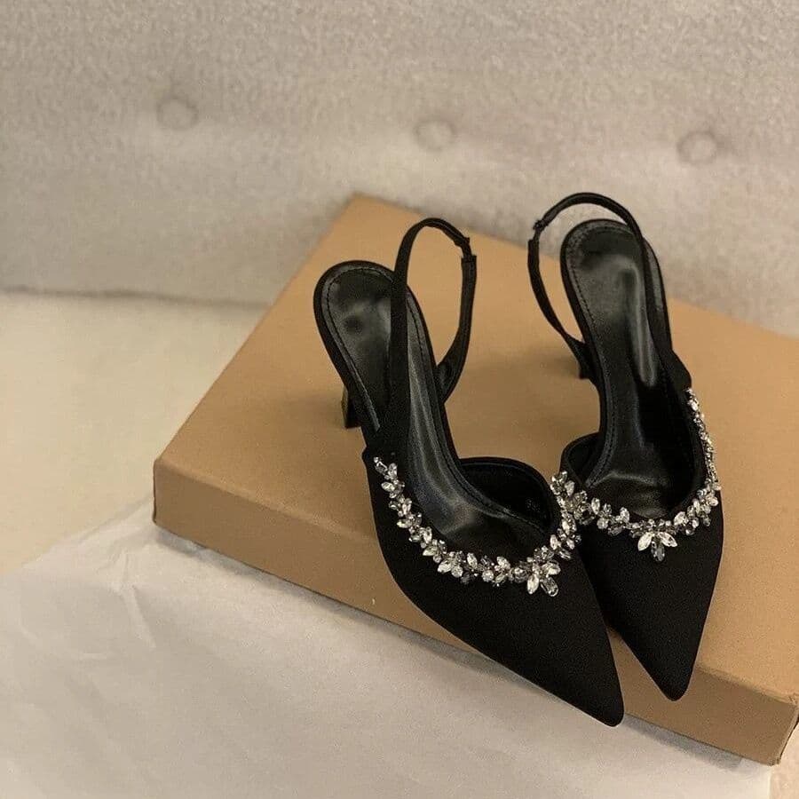 Fairy Toe Closed- Pointed Spring Shoes Rhinestone Closed-Toe Niche High Elegant Single Heels Style Black French Summer 2025