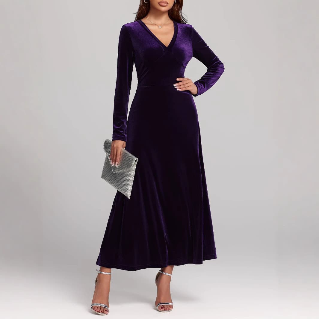 Women's Clothing Autumn And Winter New V Neck Long Sleeved Temperament Evening Dress Gold Velvet Dress