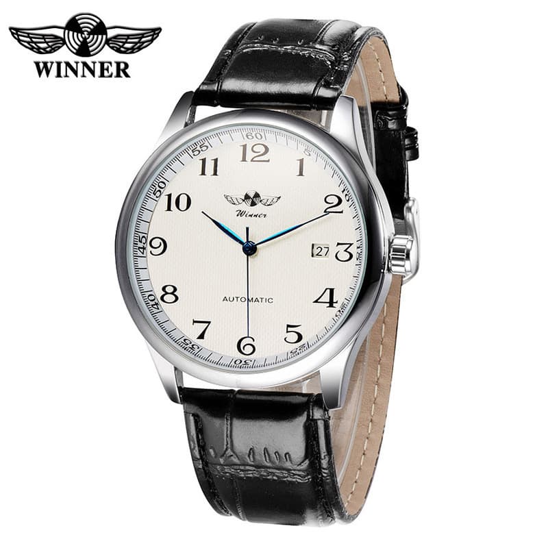 Montre mécanique automatique pour homme avec calendrier, bracelet en cuir et verre minéral – Cadran rond classique pour une tenue décontractée ou formelle.