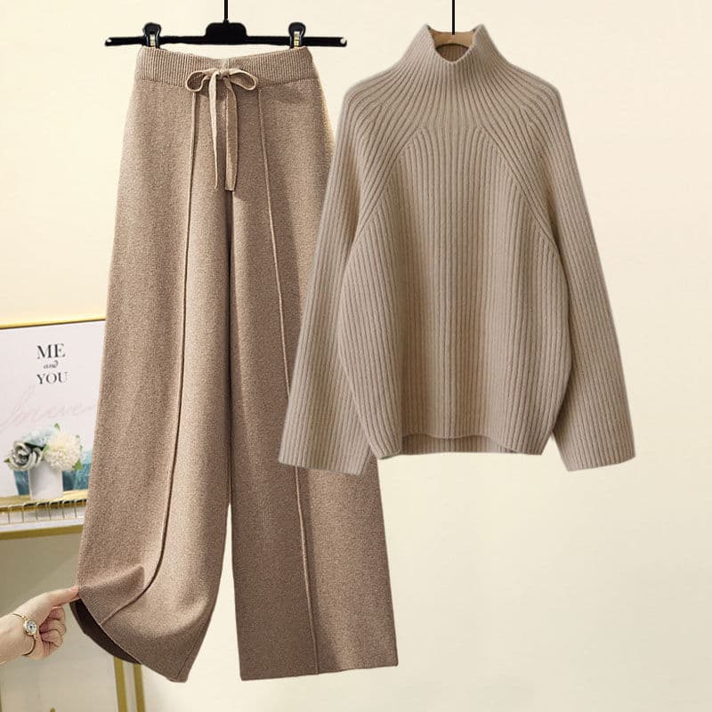 Women's Clothing Two piece suit new women's autumn and winter lazy style sweater lace up nine point drop wide leg pants suit