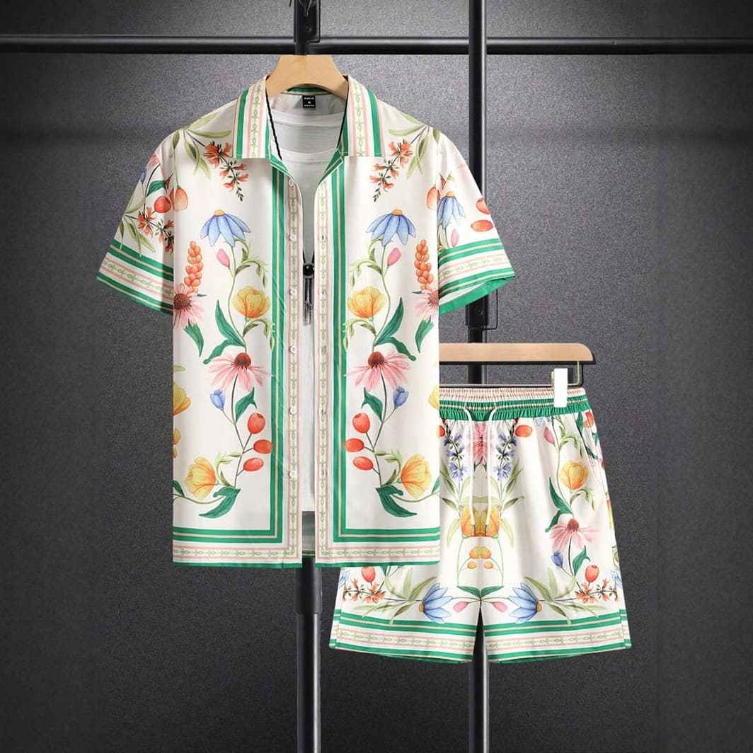 Men's Clothing Summer Shirt Shorts Suit Beach Vacation Colorful Floral Stripes 3d Digital Printing Spot