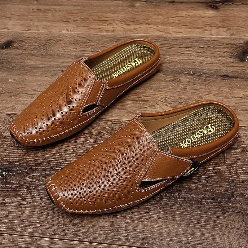 Men's Shoes Muller Shoes Hole Spring And Summer Low-top Cowhide Slip-on Casual Shoes Bean Shoes Large Size