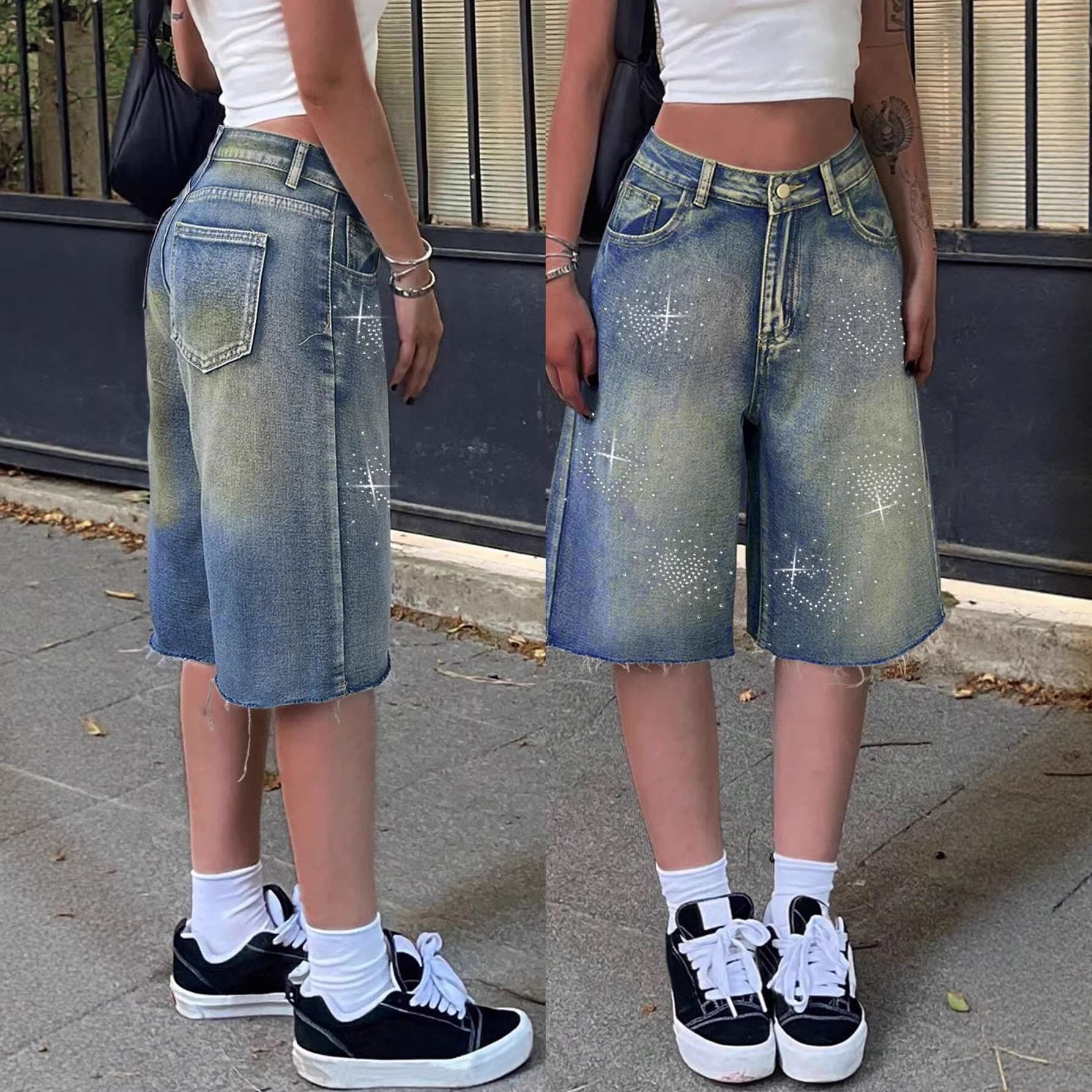 Women's Patterned Rhinestone Denim Shorts High Street Trendy Casual Five Point Pants Stella Pumpkin Pants