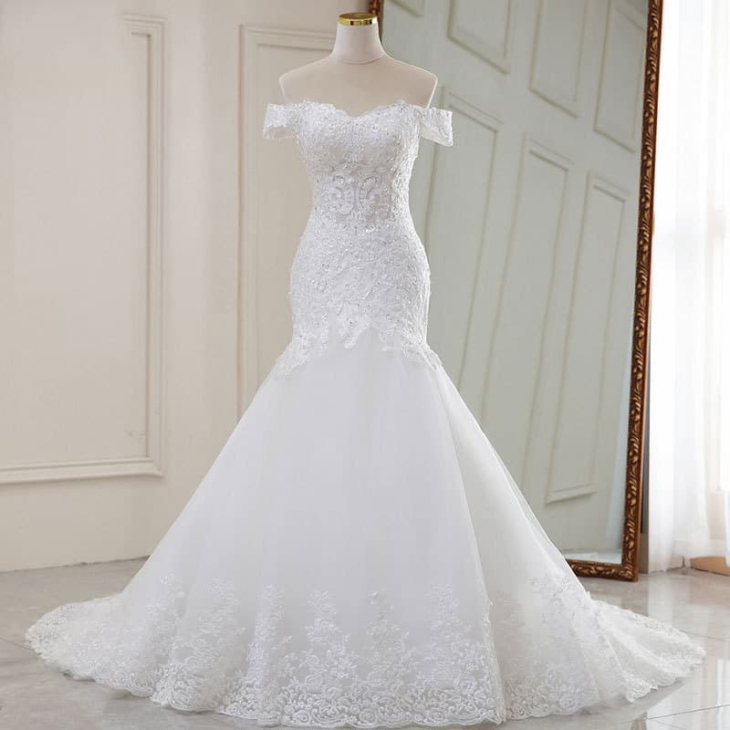 Women's Wedding dress one shoulder white temperament dreamy lace mid-waist long tail wedding dress