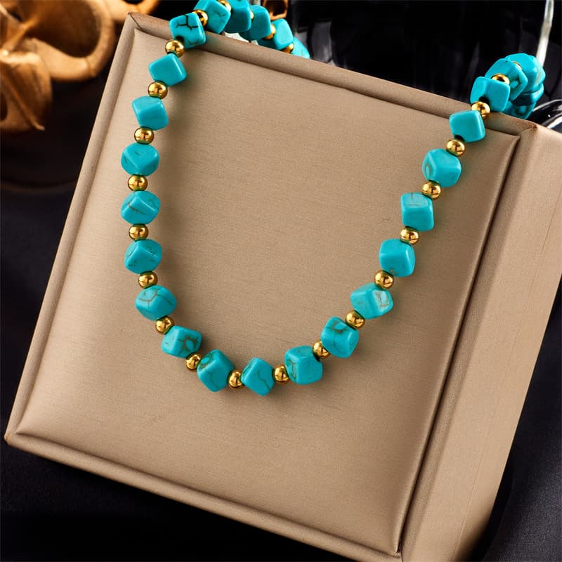 European and American cross-border new creative personality retro niche design turquoise titanium steel beaded woven necklace