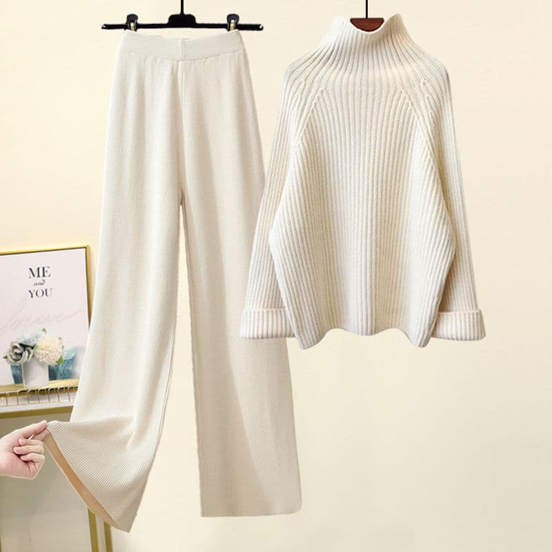 Women's Clothing Autumn And Winter Suits New Style Fashionable High Necked Lazy Style Sweater Age Reducing And Slim Wide Leg Pants Two Piece Suit