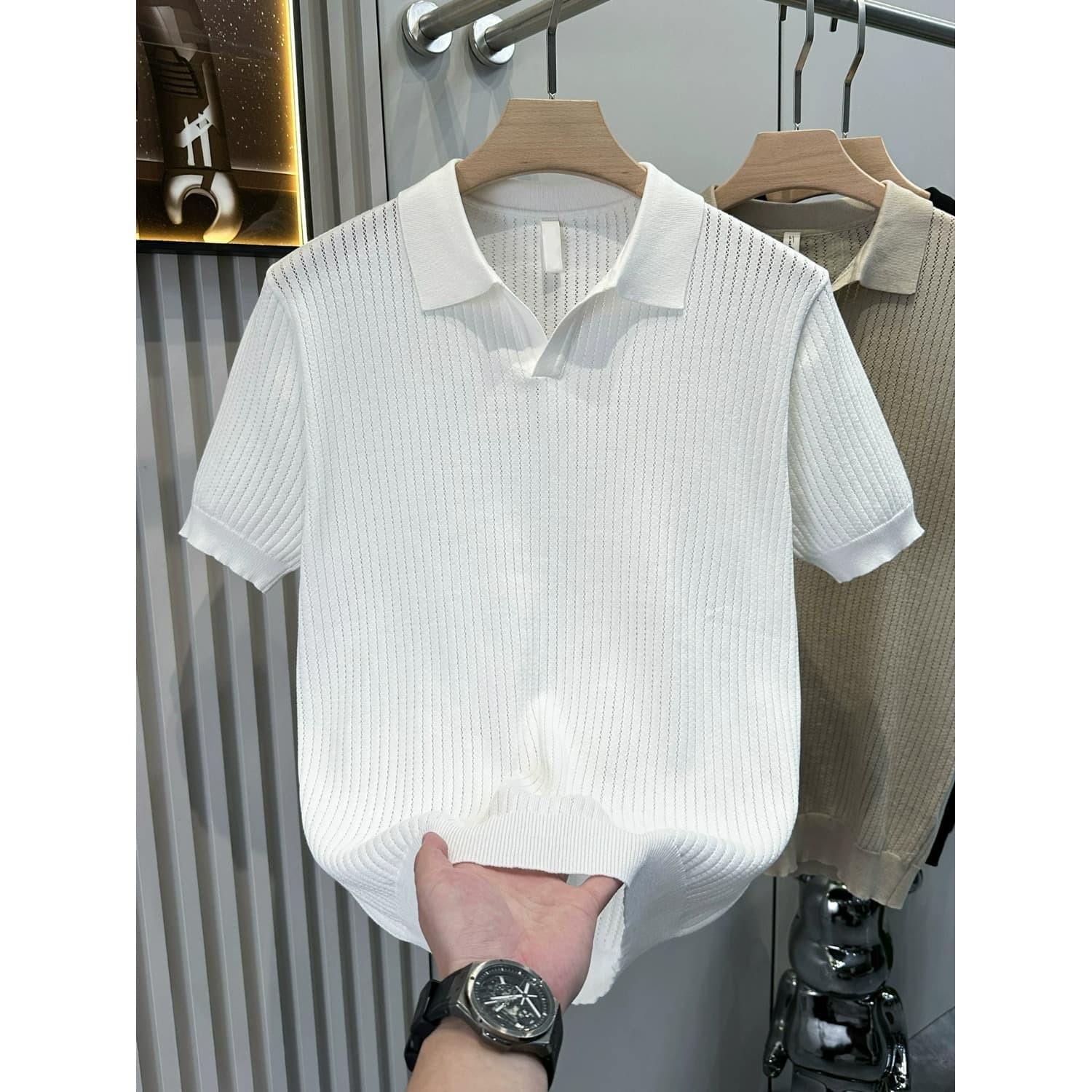 Men's Clothing High End Sophisticated Comfortable Ice Silk Hollowed Out Pattern Knit Short Sleeved Shirt Summer