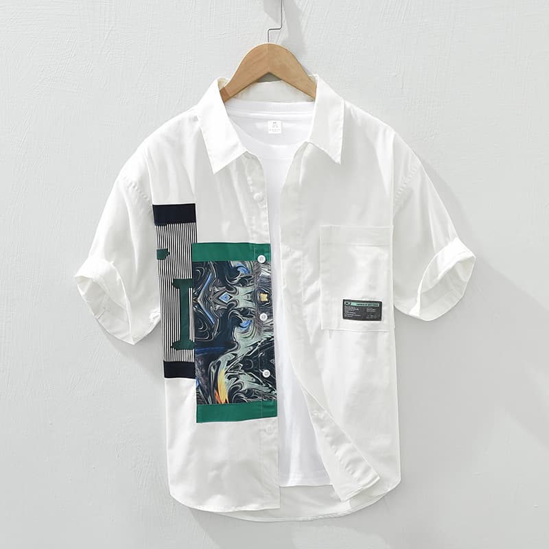 Men's Summer Trendy Short Sleeved Patchwork Shirt Fashionable Printing Handsome Casual Loose Versatile Youth Shirt