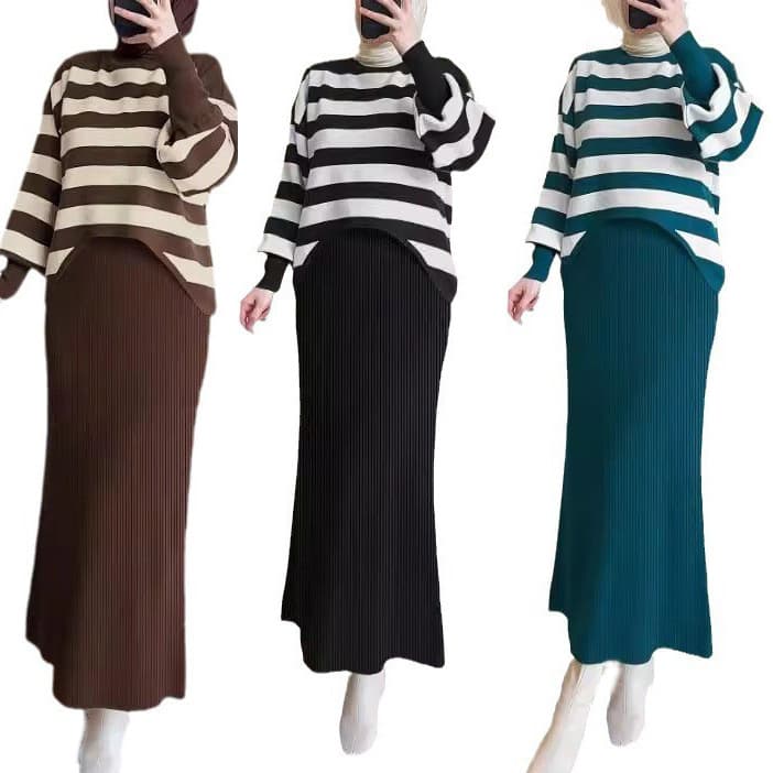Women's Clothing M2750 Women's Muslim woolen solid color vest dress striped pullover top suit