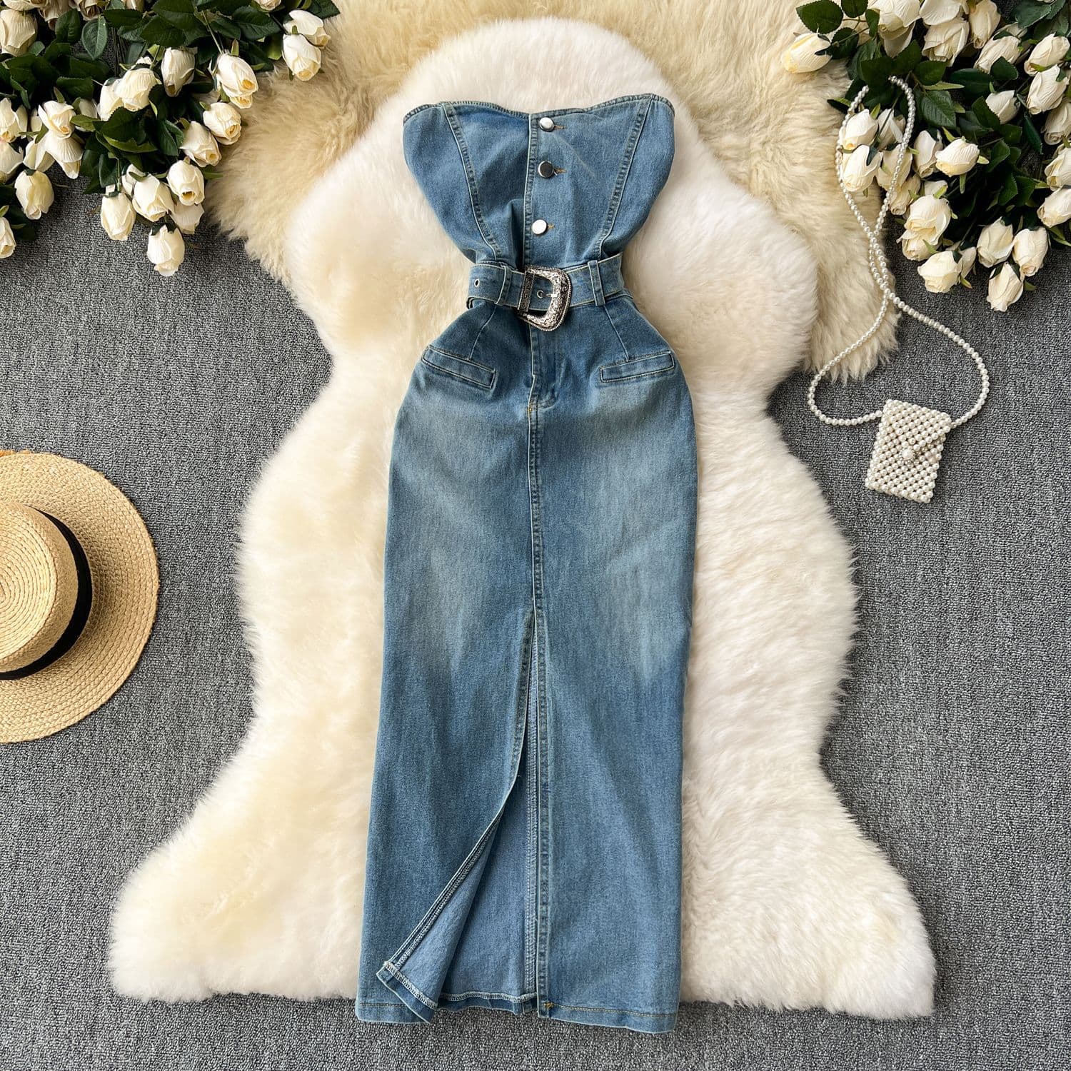 Women's Summer 2024 New Pure Desire Hot Girl Waist Hip Slit Denim Long Skirt