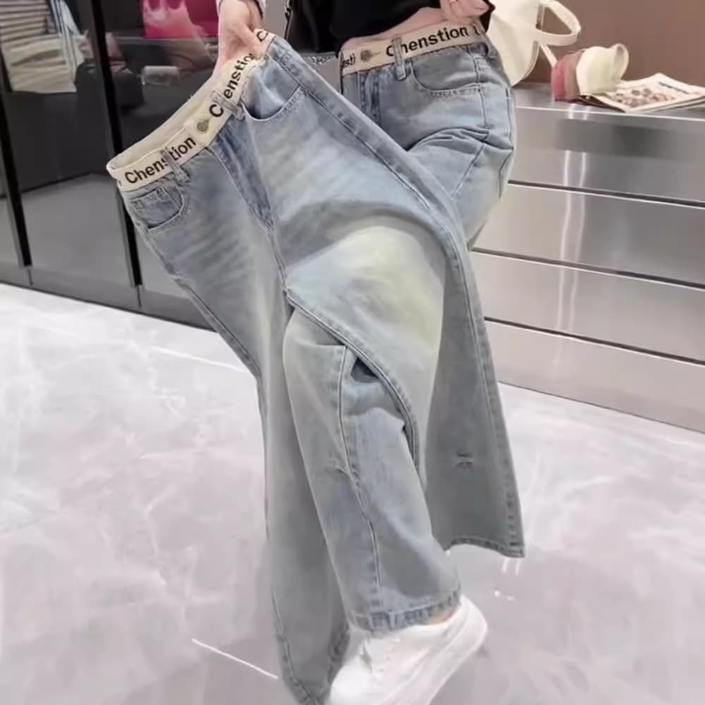 Slim Fit Stretch Straight Jeans For Women – Bluish High-Waisted Floor-Length Denim Pants With Embroidery (XS-3XL)