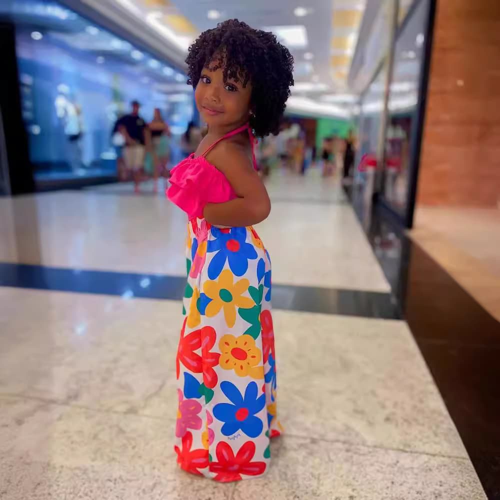 Mother&Kids Girls' Summer Halter Short Dress Printed Wide-Leg Pants Suit For Girls