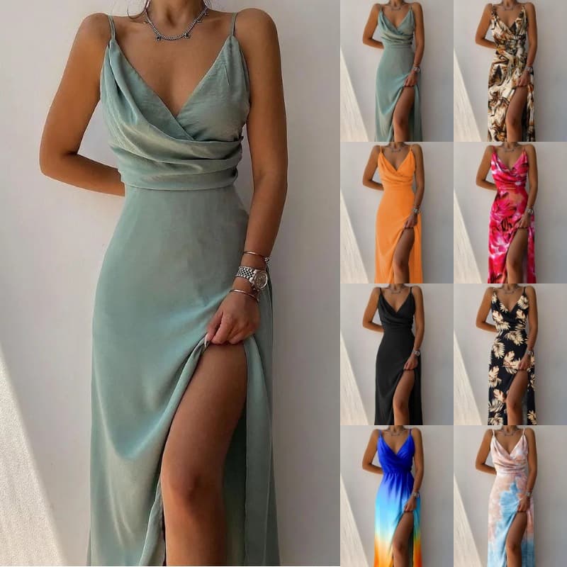 Women's Clothing Summer Suspender V Neck Slit Print Dress