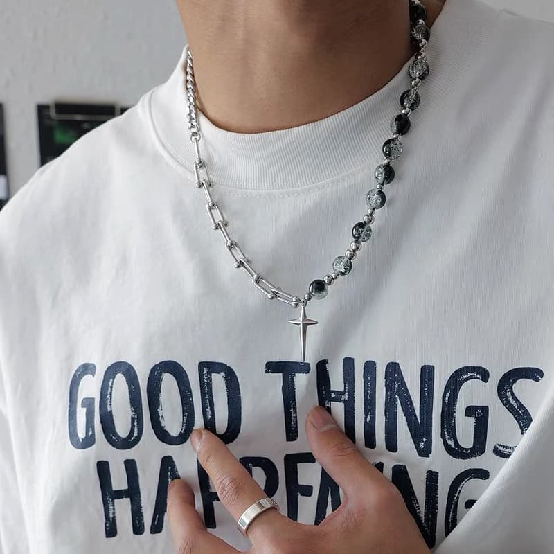 Non Fading Titanium Steel Trendy Hip-hop Four-star Pendant, Ice Cracked Bead Necklace, Men's High-end Splicing Necklace
