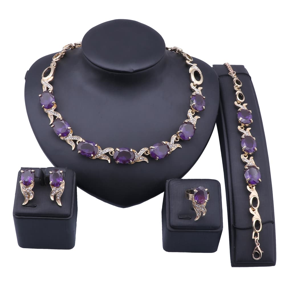 Wedding Zircon Crystal Trendy Necklace Jewelry Sets Party Women Bridal Bracelet Earrings Ring Accessories Set