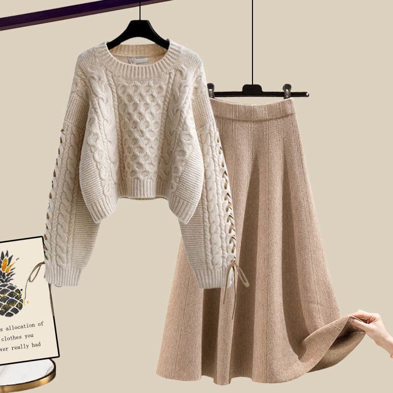 Women's Clothing new style age reducing loose sweaters high waist mid length skirt two piece suit