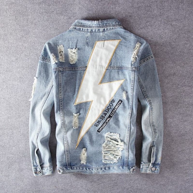 Men's Distressed Denim Jacket With Vintage Embroidery – Streetwear Overshirt With Hood & Raw Hem Detailing (Slim Fit, M-3XL)​