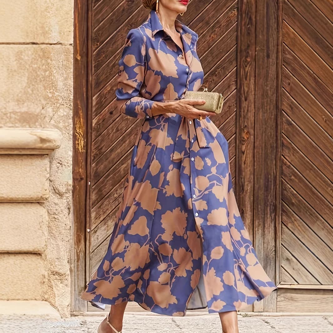 Women's Printed Shirt Dress - Stylish Casual Long Sleeve Dress With Belt