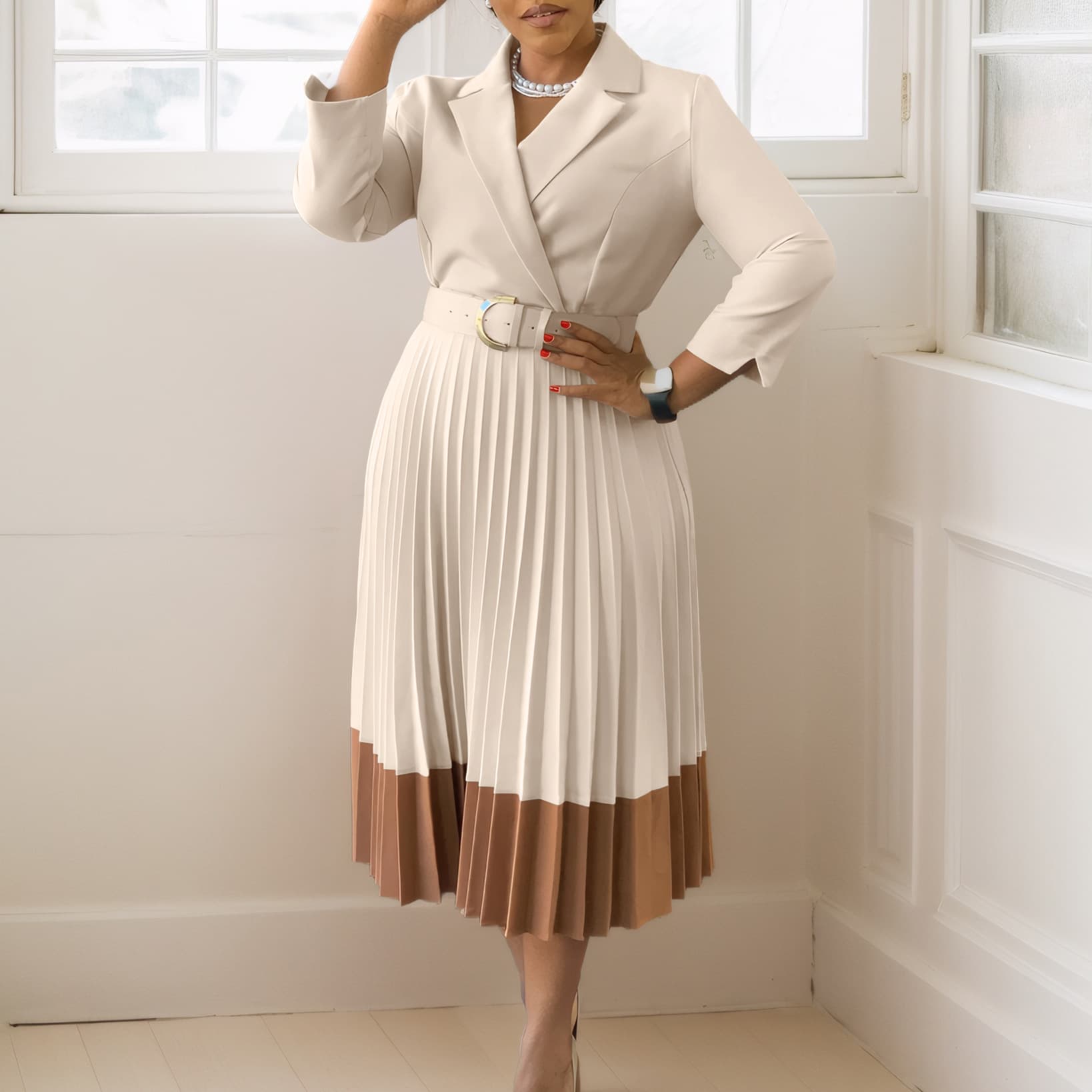 Women's Clothing Autumn And Winter Fashion Suit Collar Elegant Pleated Dress