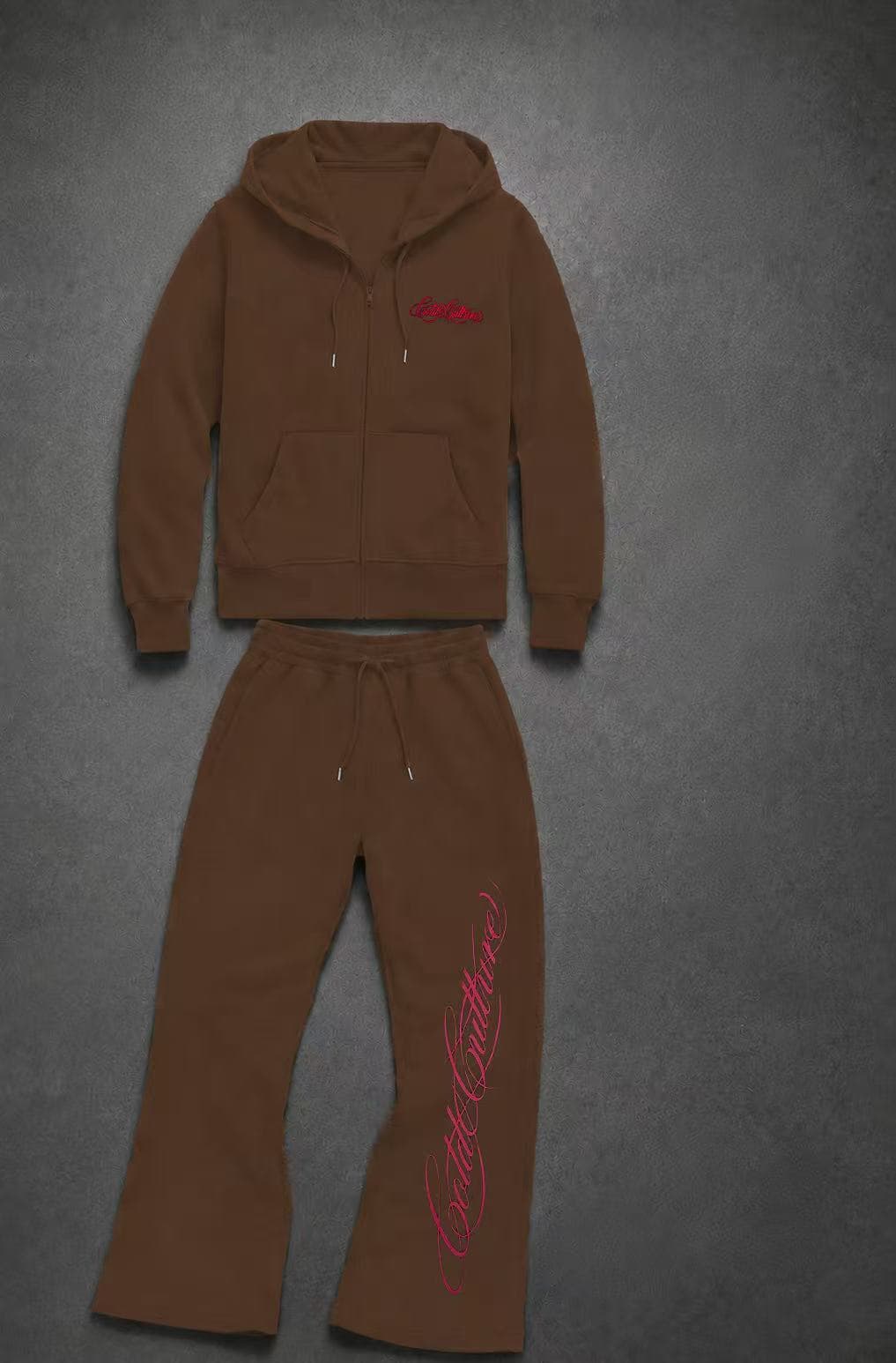 Ensemble deux pièces pour homme : sweat-shirt à capuche zippé imprimé tendance et pantalon large décontracté.