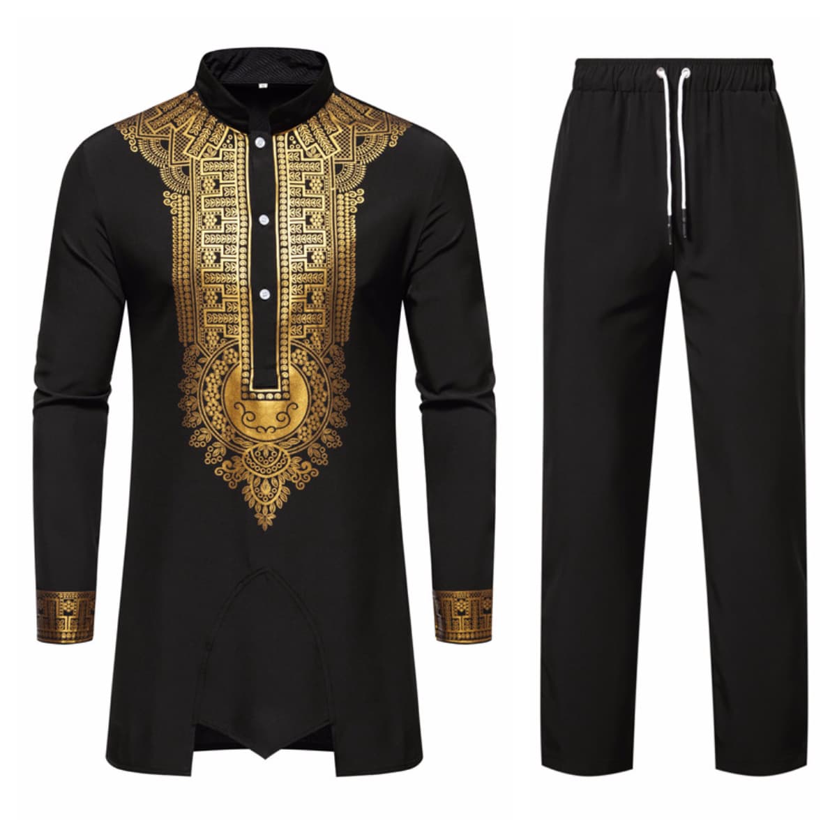 Men's Shirt Set Stand Collar Hot Gold Printing Long Sleeve Shirt Trousers African Style Casual Shirt