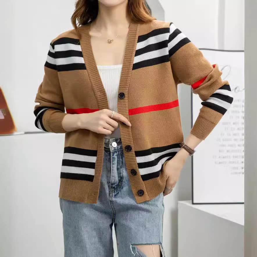 Women's Clothing retro contrast color striped knitted cardigan fashionable and versatile temperament casual long sleeves
