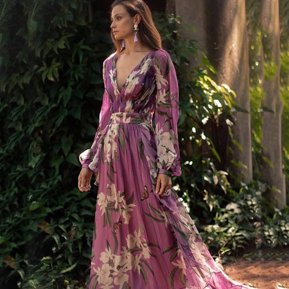 Women's Clothing Printed Dress V Neck Long Sleeved Big Swing Skirt Long Skirt