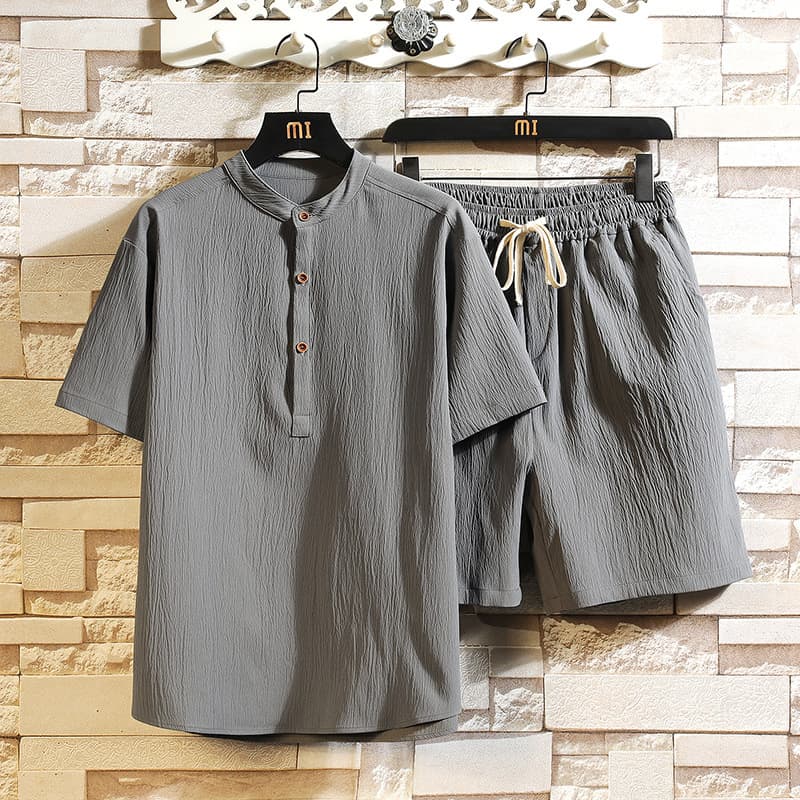 Men's Clothing two-piece suit stand-up collar retro short-sleeved suit casual solid color cotton and linen two-piece suit