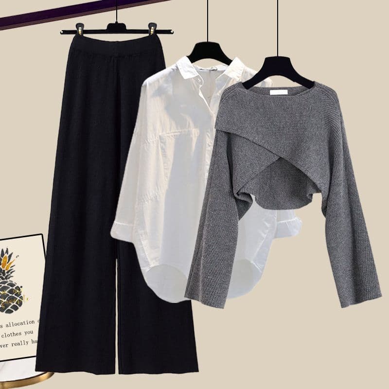 Women's Clothing Autumn Suits For Women New Large Size Women's Knitted Sweaters Women's Fashion Slim Shirts Wide Leg Pants Three Piece Suits