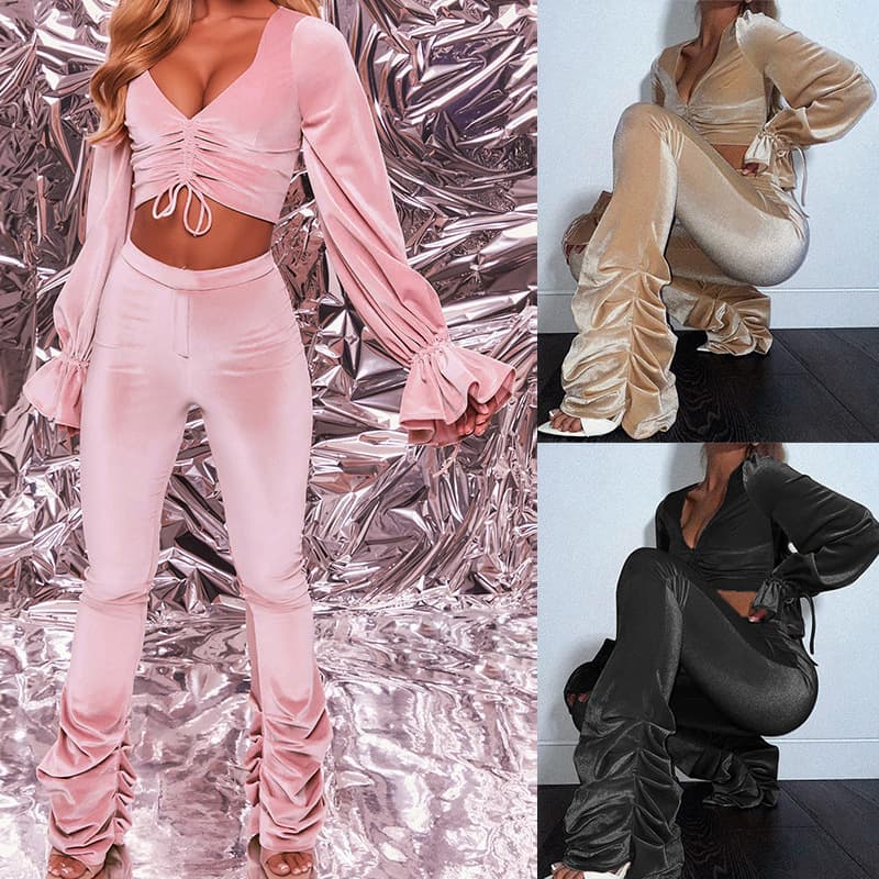 Women's Clothing autumn and winter sexy navel-baring long-sleeved top solid color micro-flared pants two-piece set