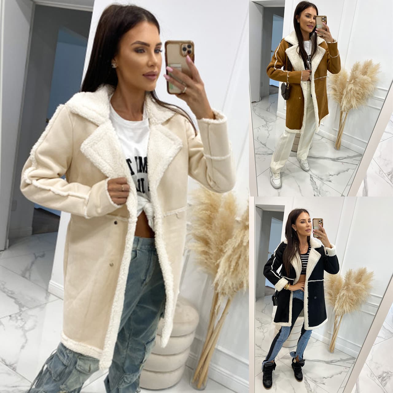 Women's thick lamb fleece patchwork overcoat coat