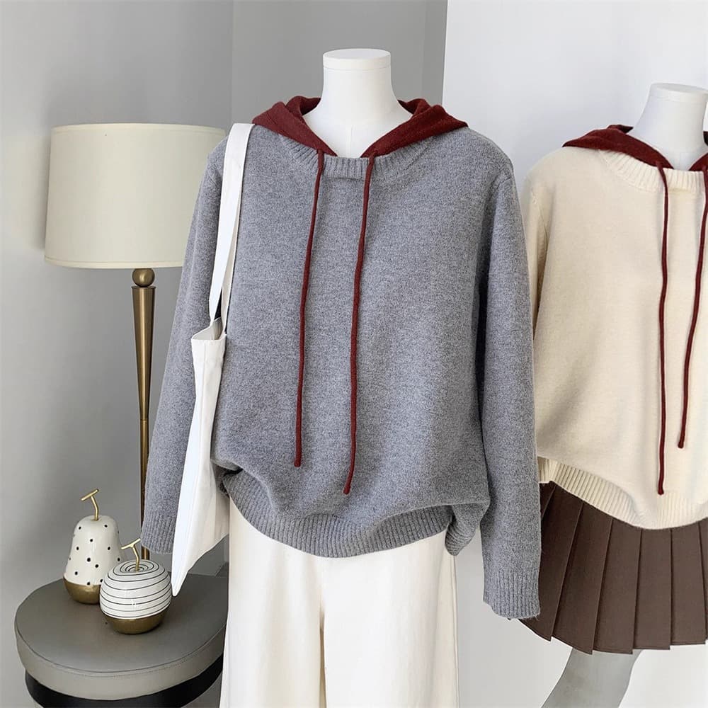 Women's Clothing Casual Color-Block Hooded Knit Sweater Long Sleeve Pullover Top For Autumn Winter​​