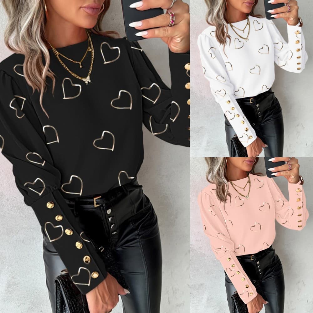 Women's Clothing Printed long-sleeved crew-neck button-up shirt