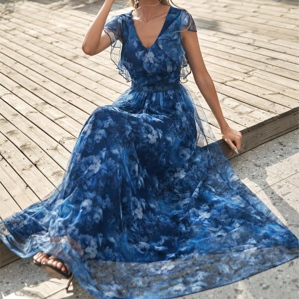 Women’s Clothing Women's V-neck Printed Mesh Ruffles Full Swing Evening Dress Party Dress Bridesmaid Dress Graduation Prom Dress