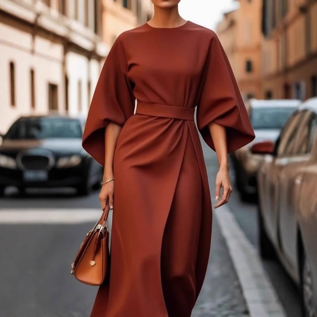 Women's Clothing Fashion Temperament Elegant Solid Color Waist Dress Casual Bat Sleeve Long Dress