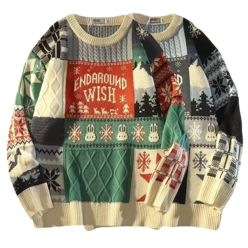 Men's Color-Block Knit Sweater – Trendy Jacquard Pattern For Halloween & Christmas (Blue/Red, EU Sizes S-2XL)