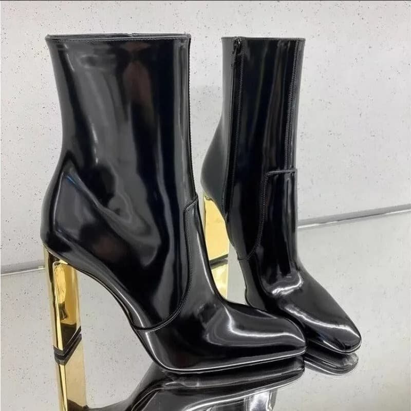 Pointed Toe Black Patent Leather Knee High Boots Zip Gold Heeled Sexy Women 2024 Winter New Tall Boot Designer Shoes