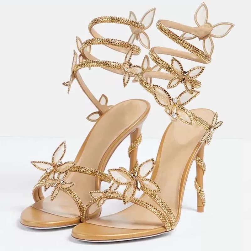 Women's Shoes Rhinestone Snake Shaped Butterfly High Heeled Sandals Summer Stiletto Heel Strappy Roman Sandals Style Heeled Sandals