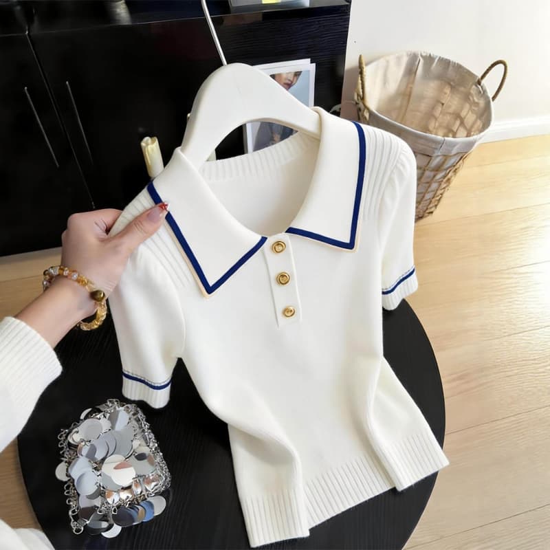 Women's White Collared Short Sleeve T-Shirt Stylish Knitted Top Spring Summer New Fashionable Beautiful