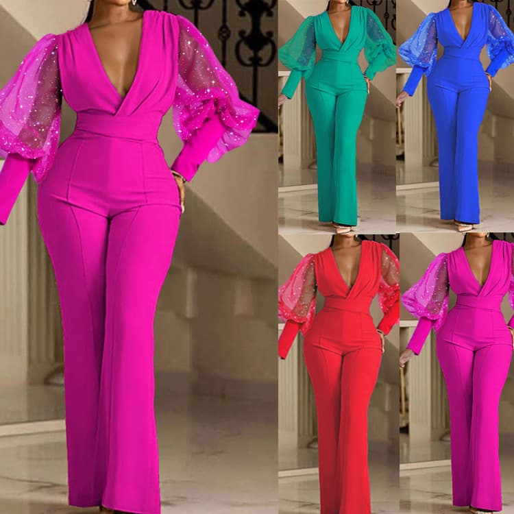 Women's Clothing Trendy Mesh-Panel Jumpsuit – Long Sleeve Flared Wide-Leg Romper With Elastic Waist (S-2XL, 4 Colors)